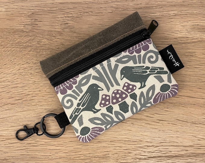 Crow and Mushroom Mini Zipper Pouch - Zipper Wallet - Screen Printed - Earbud Pouch
