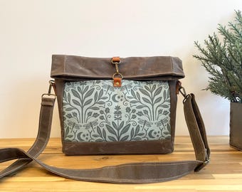Sage and Moonlight Roll Top Waxed Canvas Purse - Cross Body Messenger Purse - Screen Printed Bag - Dragonfly Bag