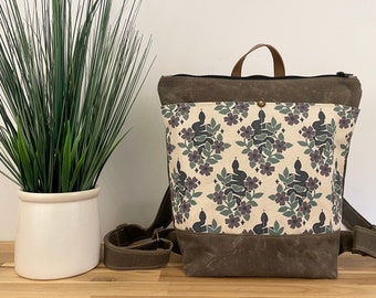 Garden Snakes Waxed Canvas Backpack - Canvas Bag - Backpack purse - Screen Printed - Floral Fabric - Water Resistant Bag - Natural Whit
