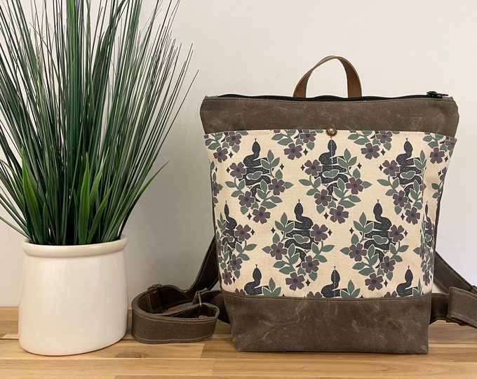Garden Snakes Waxed Canvas Backpack - Canvas Bag - Backpack purse - Screen Printed - Floral Fabric - Water Resistant Bag - Natural Whit