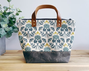Lotus and firefly Pattern Waxed Canvas Project Bag - Screen Printed - Knitting Bag - Yarn Bag - Crochet Bag
