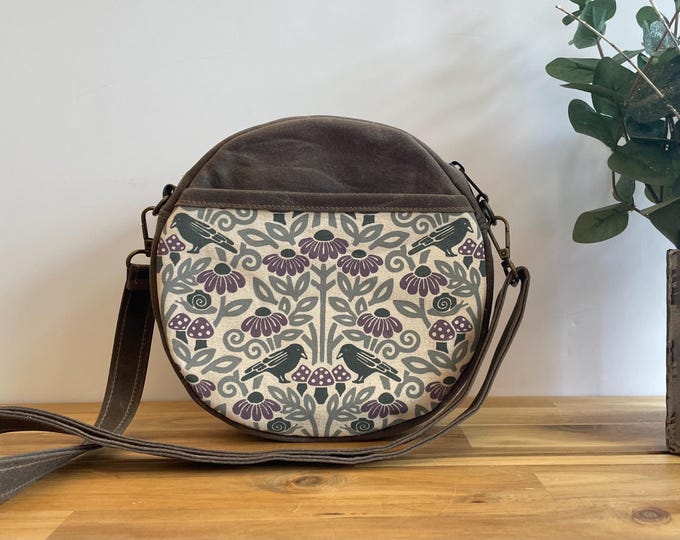 Crow and Mushroom Waxed Canvas Round Cross-Body Purse - Screen Printed Circle Bag - Tambourine Bag