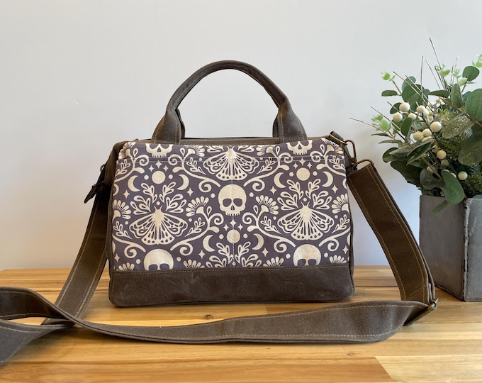 Small Waxed Canvas Project Tool Bag - Mystical Moth - Knitting Bag - Screen Printed Bag - Crochet Bag - Carry-on Bag - Handbag