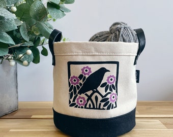 Crow Fabric Bin - Screen Printed Fabric Bucket - Gift - Crow with Rhododendron