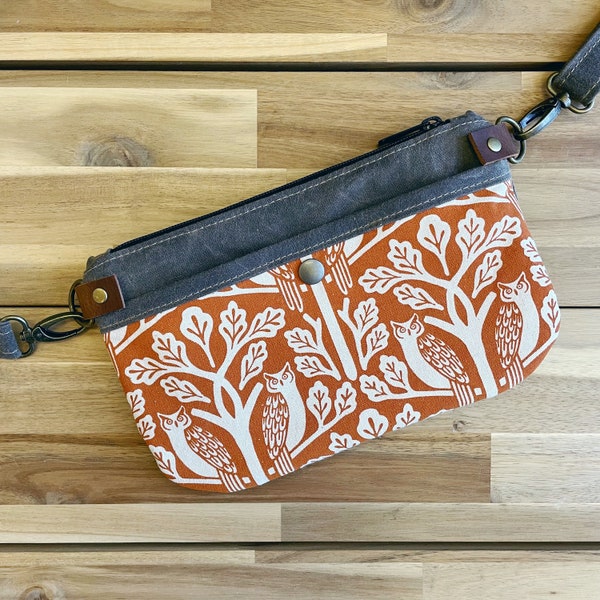 Owl and Oak Tree Waxed Canvas Hip Bag - Canvas Bag - Cross Body - Small Sling Bag - Fanny Pack - Screen Printed - Water Resistant