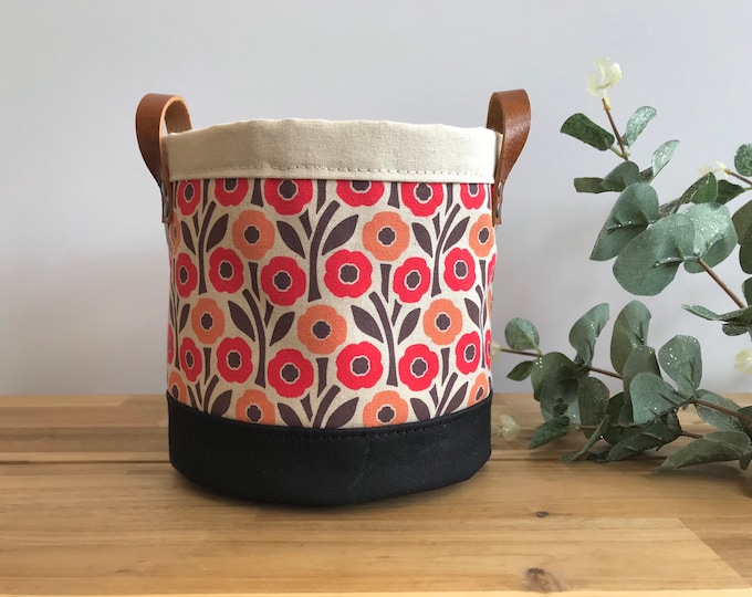 6” August Poppies Fabric Bin - Plant Bin - August Birth Month - Screen Printed Fabric Bucket - Gift for August