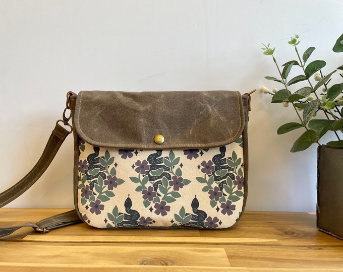 Garden Snakes Waxed Canvas Small Messenger Bag - Satchel - Flap Canvas Bag - Cross Body - Screen Printed Fabric