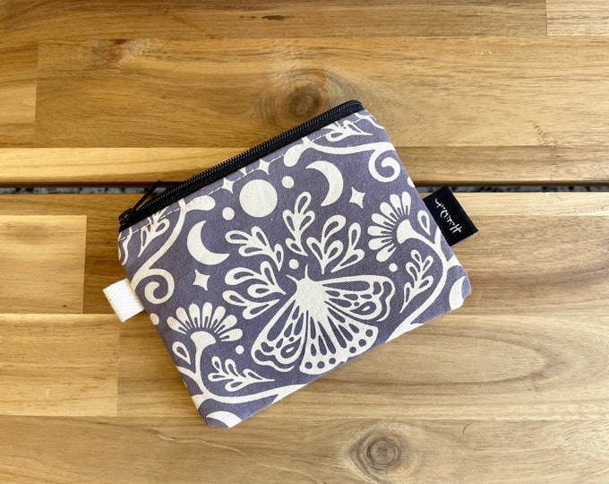 Mystical Moths Zipper Pouch - Zipper Wallet - Screen Printed - Purple Credit Card Zipper Pouch