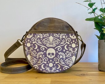 Purple Moth and Skull Waxed Canvas Round Cross-Body Purse - Screen Printed Circle Bag - Tambourine Bag