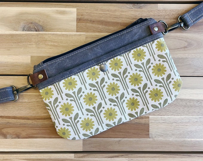 April Daisies Waxed Canvas Hip Bag - Daisy Fabric Bag - Cross Body - Small Sling Bag - Fanny Pack - Screen Printed - Water Resistant