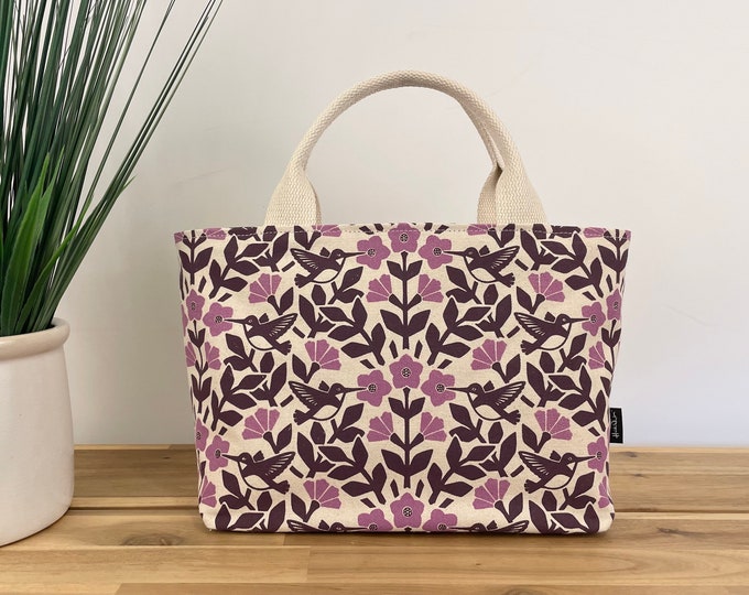 Hummingbird and Weigela Pattern Project Bag / Simple Tote - Screen Printed Fabric - Natural White