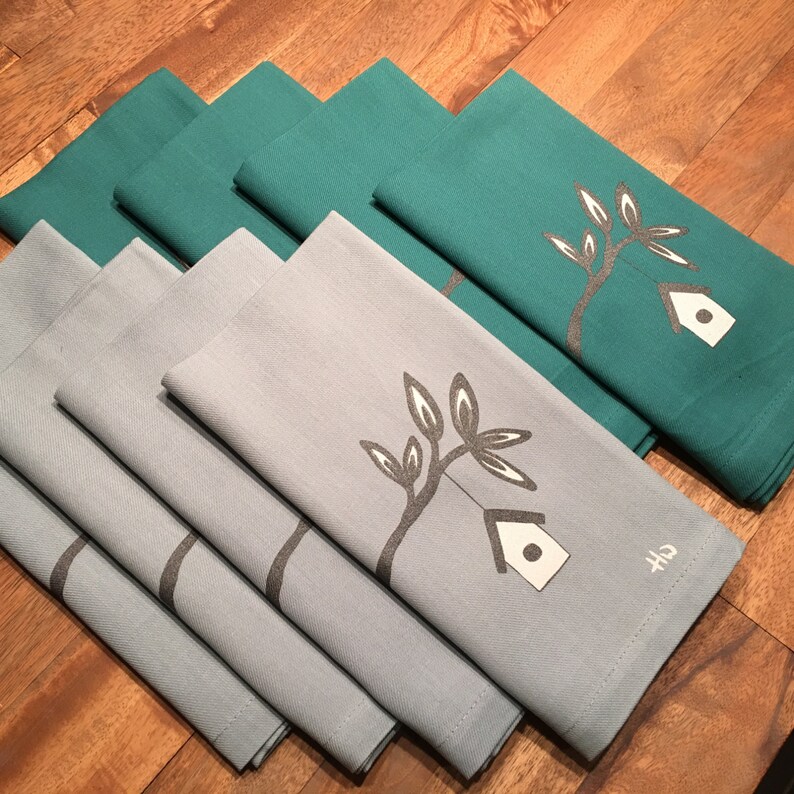 Blue Housewarming Gift Dinner Napkins with Screen Printed Birdhouse Set of 4 Cloth Napkins
