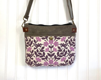 Pink Hummingbird and Weigela Waxed Canvas Small Cross-Body Purse - Screen Printed