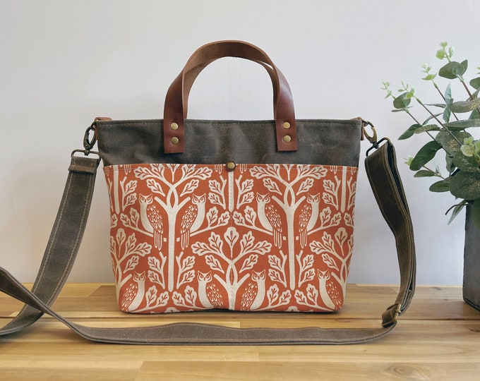 Owl and Oak Tree Cross Body Handbag Purse - Waxed Canvas Bag - Screen Printed Fabric