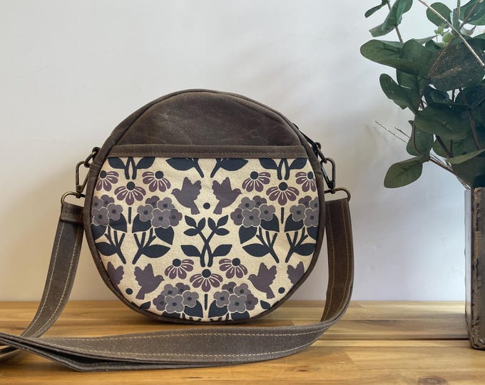 Hydrangea, Black Eyed Susan Waxed Canvas Round Cross-Body Purse - Screen Printed Circle Bag - Tambourine Bag