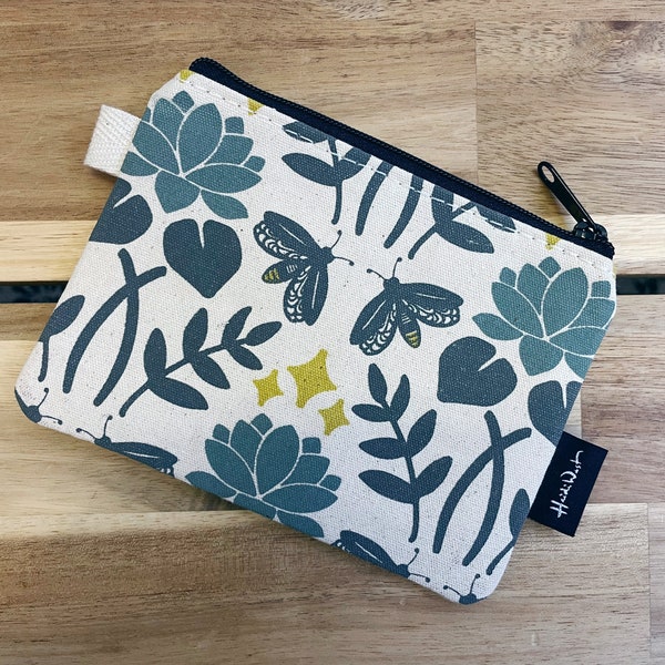 Lotus and Firefly Pattern Zipper Pouch - Zipper Wallet - Screen Printed - Credit Card Zipper Pouch