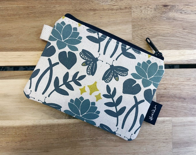 Lotus and Firefly Pattern Zipper Pouch - Zipper Wallet - Screen Printed - Credit Card Zipper Pouch