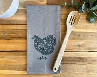 Gray Chicken Hand Printed Tea Towel - Cotton - Housewarming Gift - Hand Towel - Farm Animal - Screen Printed
