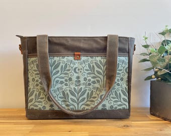 Waxed Canvas Knitting Laptop Bag: Sage Moonlight Dragonfly Print