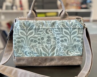 Small Waxed Canvas Project Tool Bag - Sage and Moonlight - Knitting Bag - Screen Printed Bag - Crochet Bag -Sweater Project Bag - Dragonfly