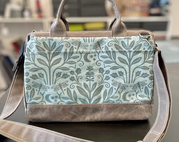 Small Waxed Canvas Project Tool Bag - Sage and Moonlight - Knitting Bag - Screen Printed Bag - Crochet Bag -Sweater Project Bag - Dragonfly