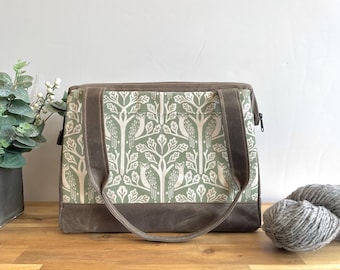 Waxed Canvas Project Bag: Sage Owl and Oak Tree Print Knitting Bag