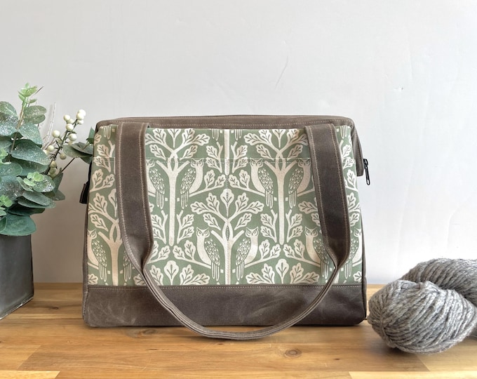 Waxed Canvas Project Bag: Sage Owl and Oak Tree Print Knitting Bag