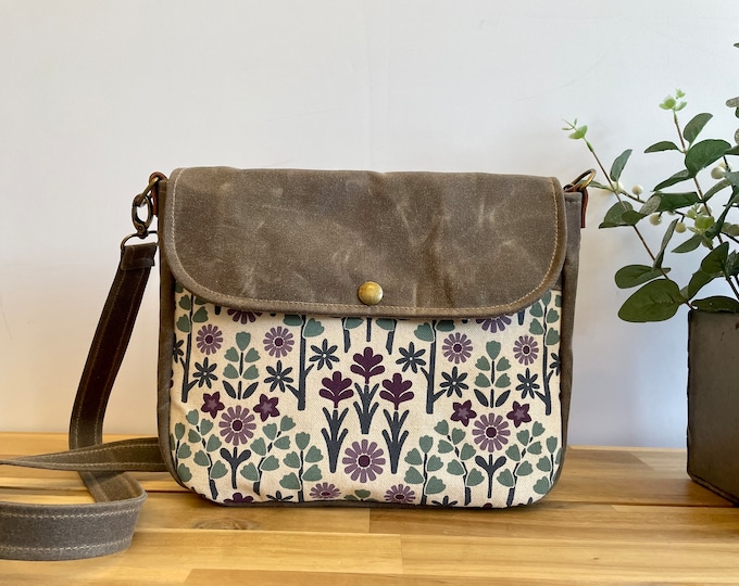 Oregon Wildflowers Waxed Canvas Small Messenger Bag - Satchel - Flap Canvas Bag - Cross Body - Screen Printed Fabric - Natural White