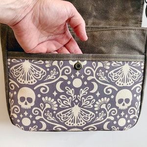 Moth and Skull Waxed Canvas Small Messenger Bag Satchel Flap Canvas Bag Cross Body Screen Printed Fabric image 5