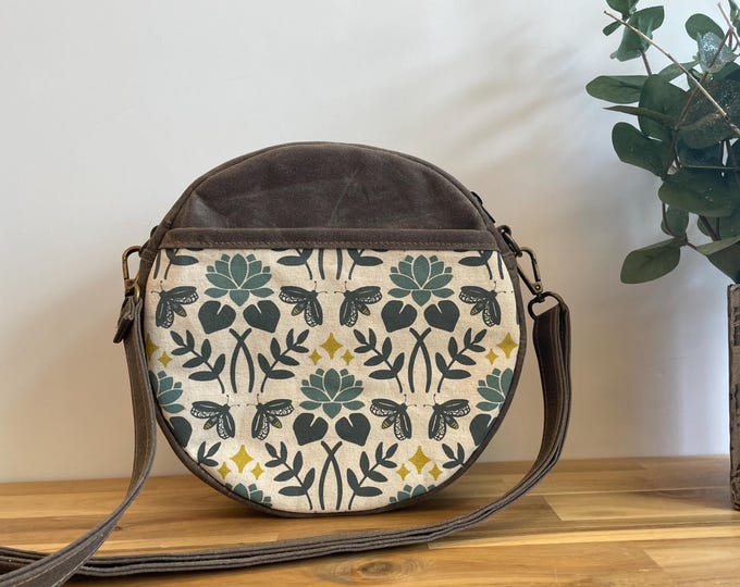 Lotus and Firefly Waxed Canvas Round Cross-Body Purse - Screen Printed Circle Bag - Tambourine Bag