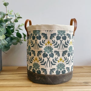 Large 9” Lotus and Firefly Fabric Bin - Screen Printed Fabric Bucket - Floral Round Bin