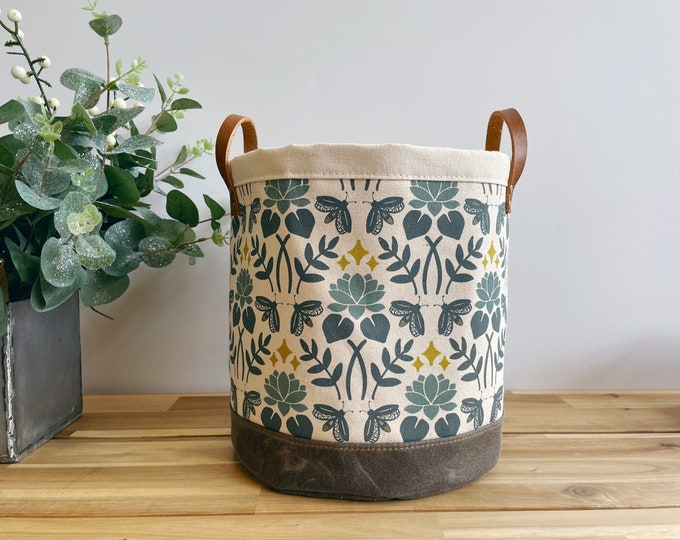 Large 9” Lotus and Firefly Fabric Bin - Screen Printed Fabric Bucket - Floral Round Bin