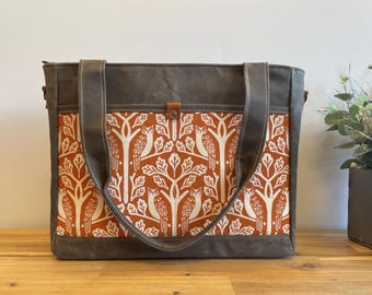 Waxed Canvas Knitting Laptop Bag: Orange Owl and Oak Tree Print