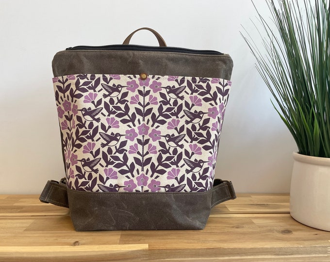 Pink Hummingbird and Weigela Waxed Canvas Backpack - Canvas Bag - Backpack purse - Screen Printed - Floral Fabric - Water Resistant Bag