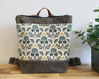 Lotus and Firefly Waxed Canvas Backpack - Canvas Bag - Backpack purse - Screen Printed - Floral Fabric - Water Resistant Bag