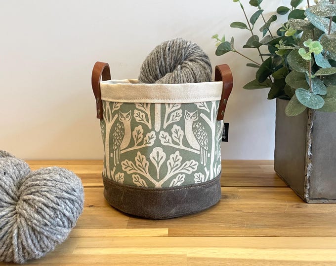 6” Sage Green Owl and Oak Tree Pattern Fabric Bin - Screen Printed Fabric Bucket - Above and Beyond - Owls