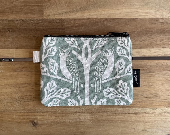 Sage Owl and Oak Tree Pattern Zipper Pouch - Zipper Wallet - Screen Printed - Credit Card Zipper Pouch