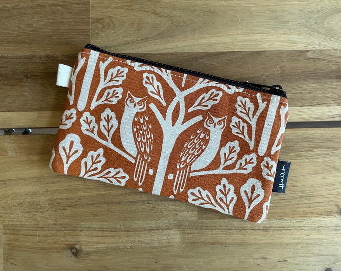 Orange Owl and Oak Tree Zipper Pouch - Zipper Wallet - Screen Printed