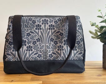 Large Waxed Canvas Knitting Bag: Iris and Vinca Screen Print