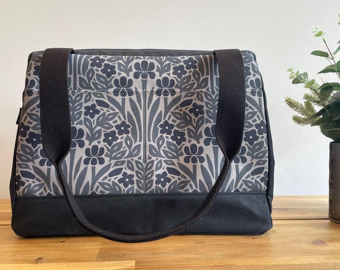 Large Waxed Canvas Knitting Bag: Iris and Vinca Screen Print