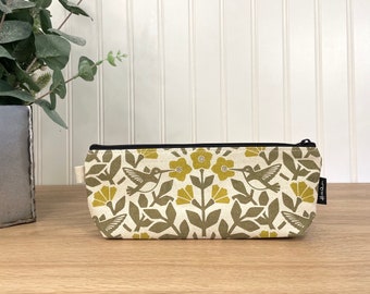 Moss Green Hummingbird and Weigela Pencil Pouch  - Screen Printed - Zipper Pouch