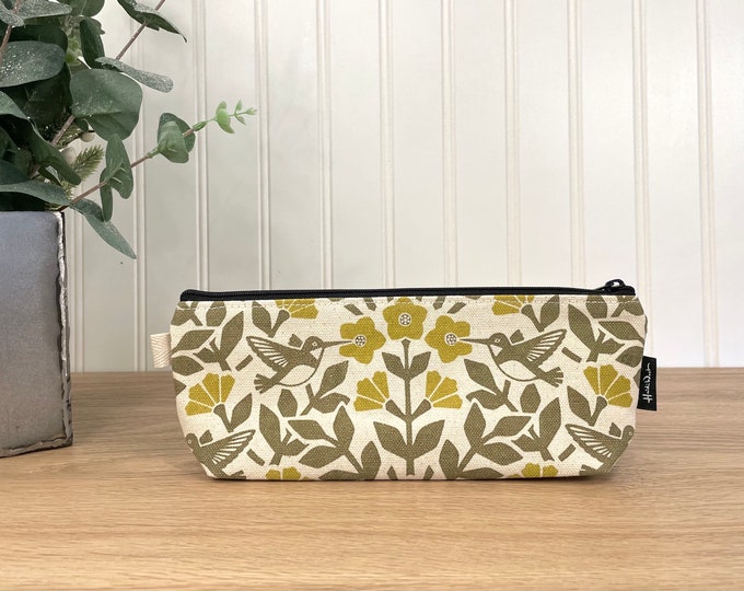 Moss Green Hummingbird and Weigela Pencil Pouch  - Screen Printed - Zipper Pouch