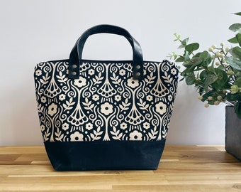 Justice Pattern Waxed Canvas Project Bag - Screen Printed - Knitting Bag - Black and White - Yarn Bag - Crochet Bag