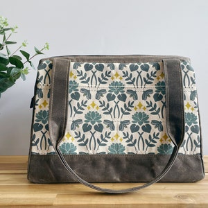 Large Waxed Canvas Project Tool Bag Lotus and Firefly Pattern Knitting Bag Screen Printed Bag Crochet Bag Sweater Project Bag image 1