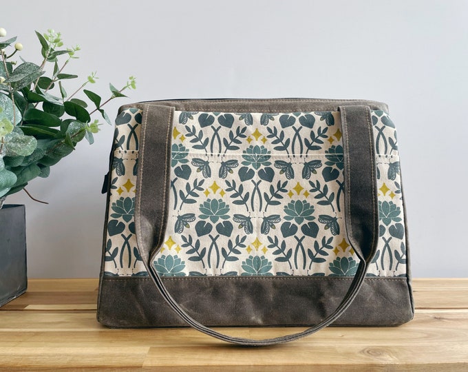 Large Waxed Canvas Project Tool Bag - Lotus and Firefly Pattern - Knitting Bag - Screen Printed Bag - Crochet Bag -Sweater Project Bag