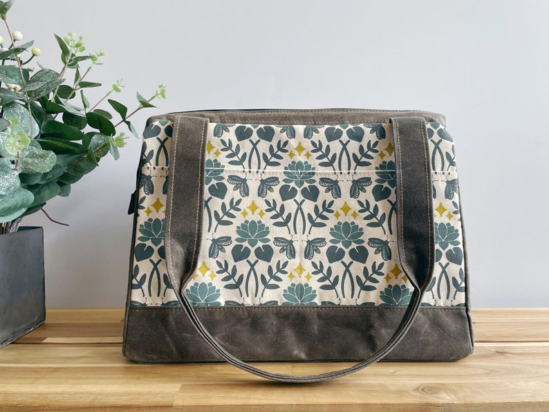 Large Waxed Canvas Project Tool Bag Lotus and Firefly Pattern Knitting Bag Screen Printed Bag Crochet Bag Sweater Project Bag image 1