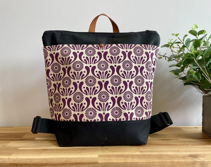 September Aster Waxed Canvas Backpack - Canvas Bag - Backpack purse - Screen Printed - Dark Violet Aster - Water Resistant Bag - September