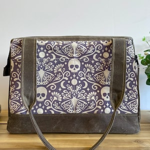 Waxed Canvas Knitting Project Bag: Mystical Moth & Skull Design