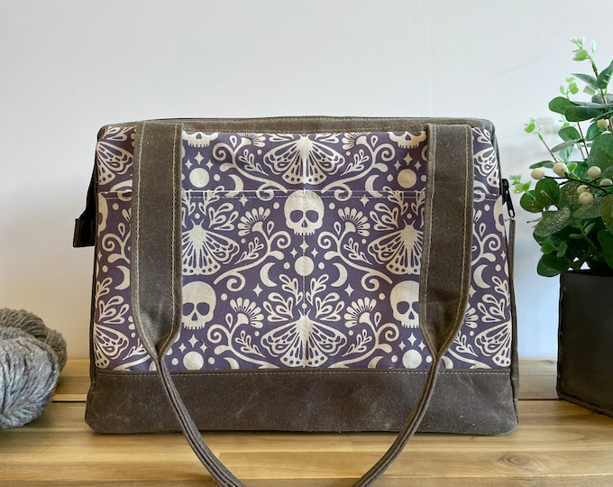 Large Waxed Canvas Project Tool Bag - Mystical Moth Knitting Bag - Screen Printed Bag - Crochet Bag - Sweater Project Bag