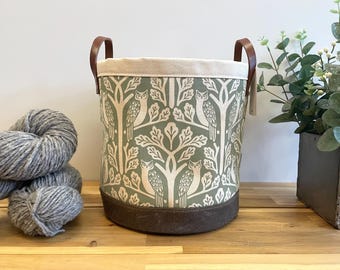 Large 9” Sage Green Owl and Oak Tree Fabric Bin - Screen Printed Fabric Bucket - Floral Round Bin